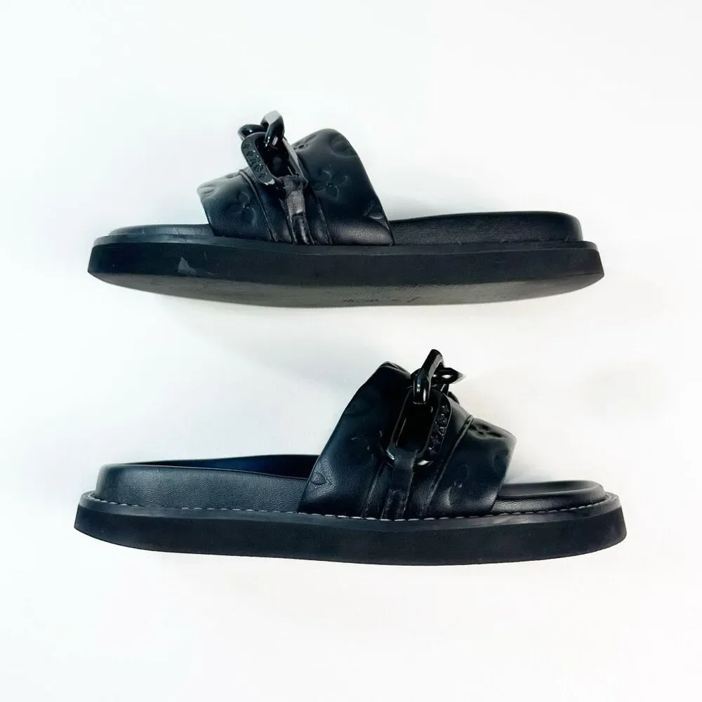 LOUIS VUITTON Sunset Flat Comfort Mule Slide Sandal Size 39 Black Monogram
